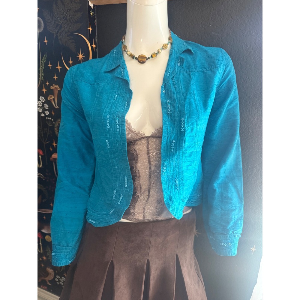 Chicos Silk Sequin Turquoise Blue Crinkle Jacket Size 0 Womens Open Front Top